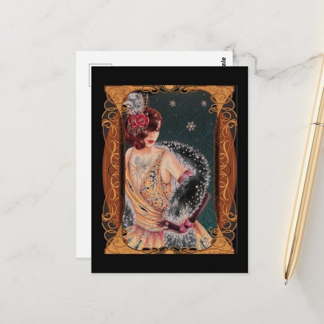 Art-Deco-Dame der 1920er Jahre Postkarte (Vorderseite/Rückseite Beispiel)