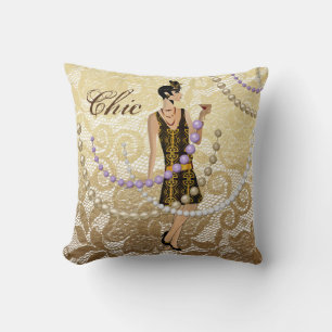 Art Deco Dame Goldene Blumen Spitze Kissen