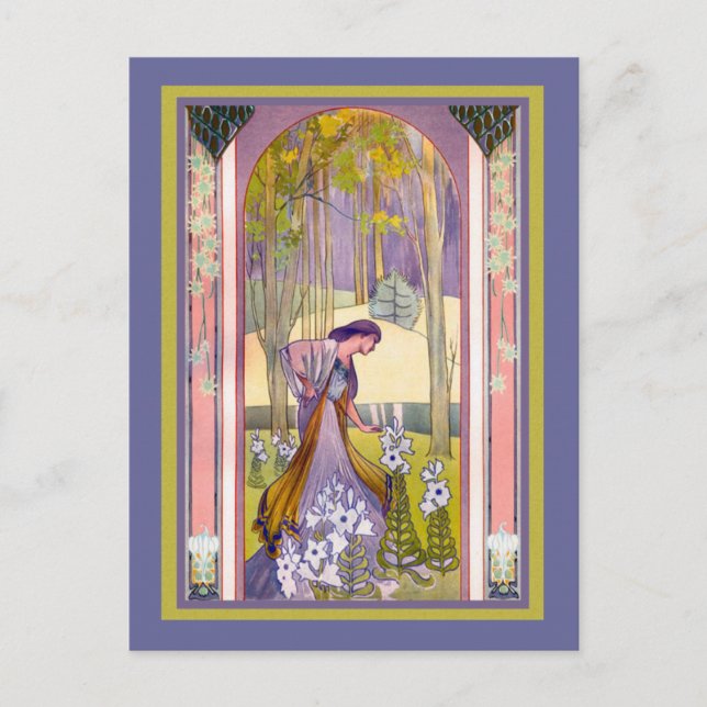 Art Deco Dame im Garten Postkarte (Vorderseite)
