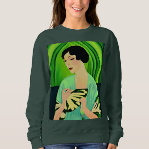 Art Deco Dame mit einem Fächer in Smaragdgrün Sweatshirt