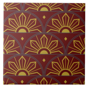 Art Deco Dark Red and Gold Sunflower Abstrakt Fliese