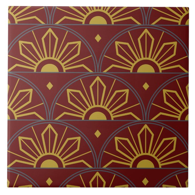 Art Deco Dark Red and Gold Sunflower Abstrakt Fliese (Vorderseite)