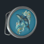 Art Deco Delphin Illustration über tiefblau Ovale Gürtelschnalle<br><div class="desc">Schöne Art Déco Delphin-Illustration mit tiefblauem,  anpassbarem Hintergrund.</div>