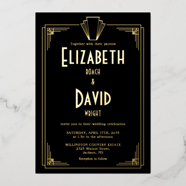 Art Déco der 1920er Jahre Hochzeit von Schwarz und Folieneinladung (Vorderseite)
