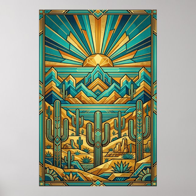 Art Deco Desert Sunset Poster - Geometric Saguaro  (Vorne)