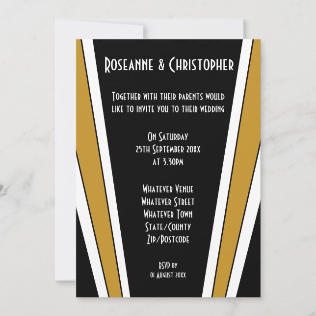 Art Deco Design Black and Gold Wedding Einladung (Vorderseite)