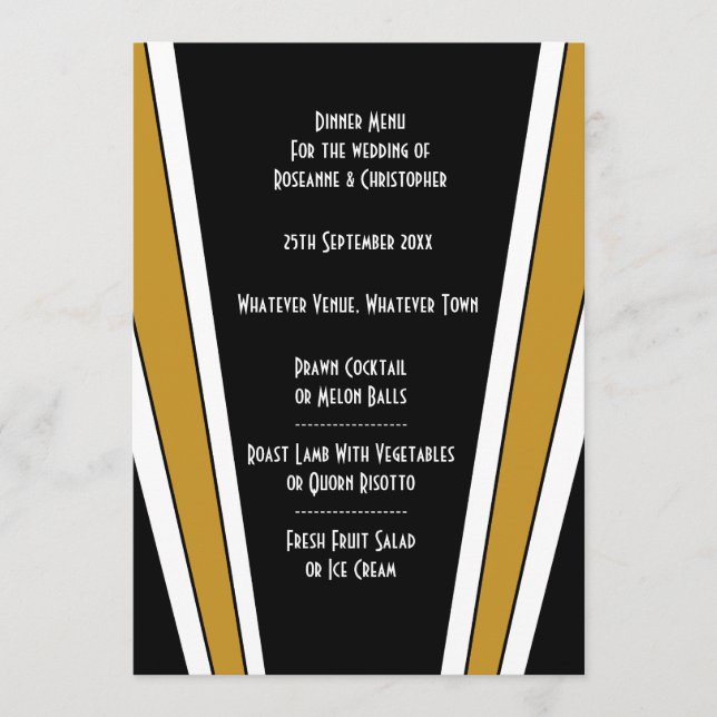 Art Deco Design Black and Gold Wedding Menükarte (Vorderseite)