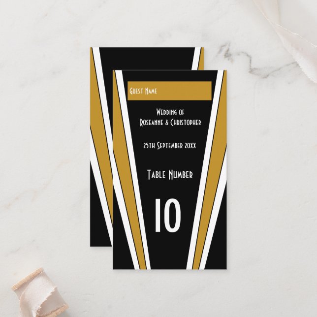 Art Deco Design Black and Gold Wedding Platzkarte (Vorderseite/Rückseite Beispiel)