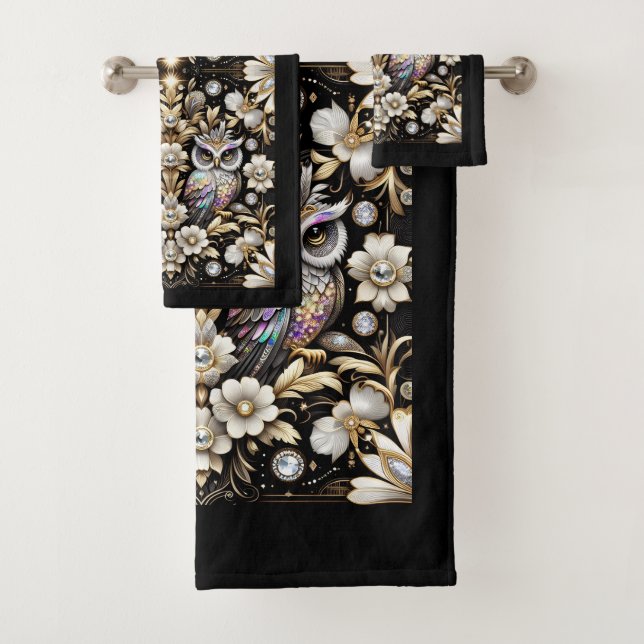 Art Deco Diamant-Eule Badhandtuch Set (Insitu)
