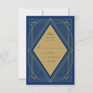 Art Deco Diamond Navy Blau und Gold RSVP Karte