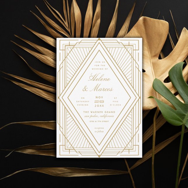 Art Deco Diamond White and Gold Wedding Einladung (Von Creator hochgeladen)