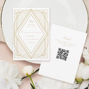 Art Deco Diamond White and Gold Wedding RSVP Karte