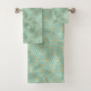 Art Deco Diamonds Muster, Aquamarin & Gold Badhandtuch Set