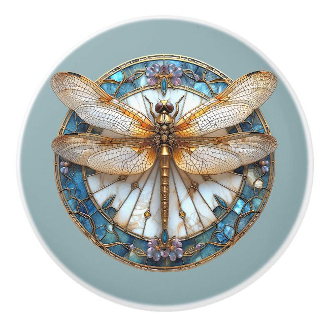 Art Deco Dragonfly Gestaltetes Glas Pink Gold Blau Keramikknauf (Vorderseite)