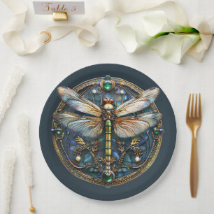 Art Deco Dragonfly Pearls Emeralds Gold Pappteller