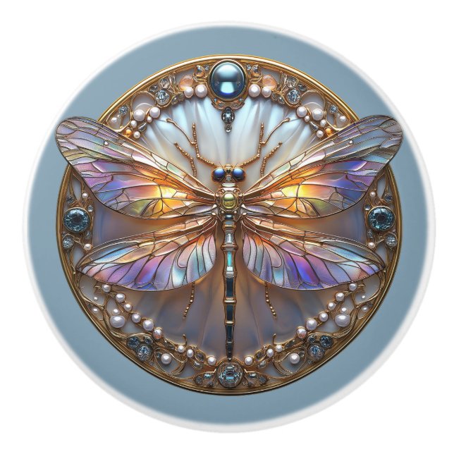 Art Deco Dragonfly Rainbow WIngs Gems Pearls Keramikknauf (Vorderseite)