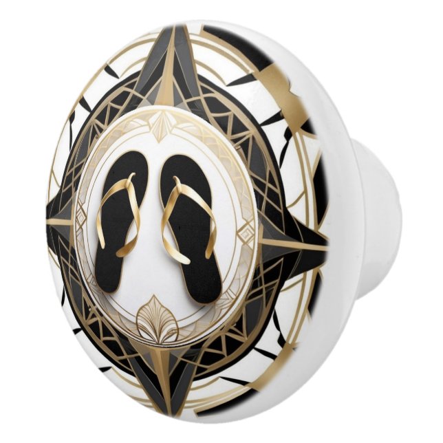 Art Deco Dreh Flop Shoes Schwarz-weiß Gold Keramikknauf (Rechts)