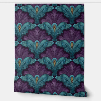 Art Deco Dunkelviolett und Türkis Fächer Tapete