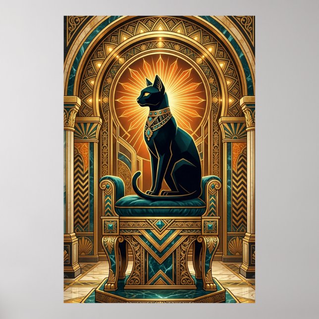 Art Deco Egyptian Throne Cat Wall Art Poster (Vorne)