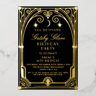 Art Deco Elegant Black Gold 20s Classic Geburtstag Folieneinladung