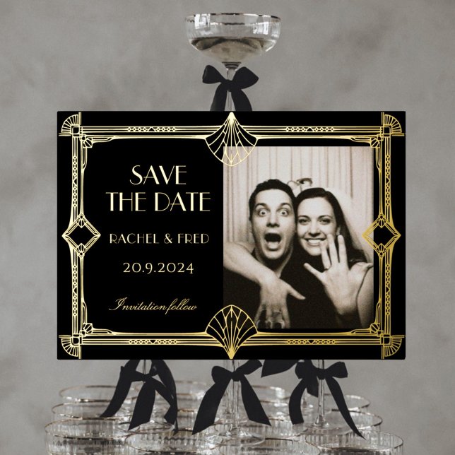 Art Deco Elegant Black Gold 20s Save the Date Folieneinladung (Von Creator hochgeladen)