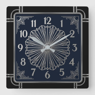 Art Deco Elegant Blau Quadratische Wanduhr