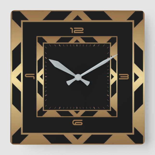 Art Deco, elegant, schwarz und gold Quadratische Wanduhr (Vorderseite)