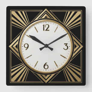 Art Deco Elegant Schwarz und Gold Quadratische Wanduhr