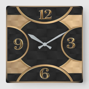 Art Deco Elegant Schwarz und Gold Quadratische Wanduhr
