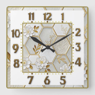 Art Deco Elegant Weiß, Gold und Blumen Quadratische Wanduhr