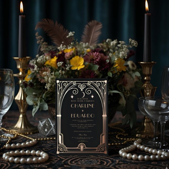 Art Deco Elegante Black Gold 20s Classic Wedding Folieneinladung (Von Creator hochgeladen)