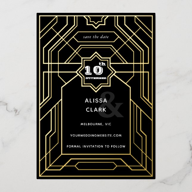 Art Deco Elegante Save the Date Folieneinladung (Vorderseite)