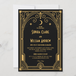Art Deco Elegante Schwarze Goldene Hochzeitseinlad Einladung
