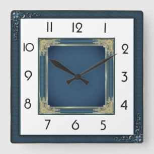 Art Deco Elegantes Blau Quadratische Wanduhr