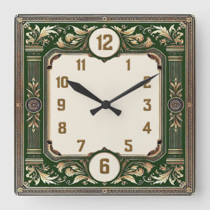 Art Deco Elegantes Grün Quadratische Wanduhr