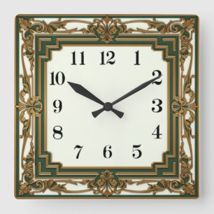 Art Deco Elegantes Grün Quadratische Wanduhr