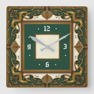 Art Deco Elegantes Grün Quadratische Wanduhr