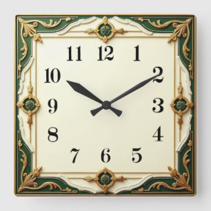 Art Deco Elegantes Grün Quadratische Wanduhr
