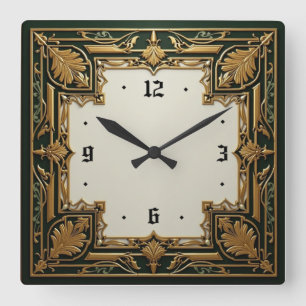 Art Deco Elegantes Grün Quadratische Wanduhr
