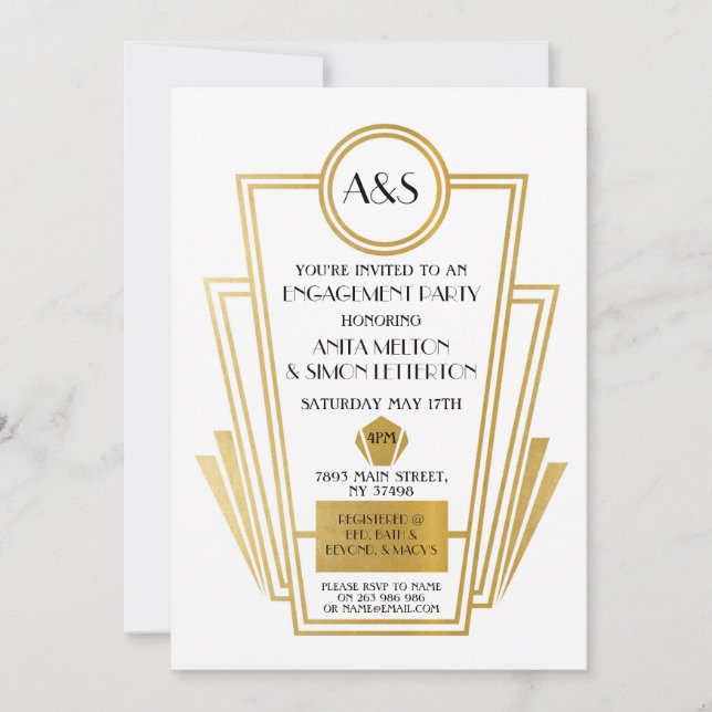 Art-Deco-Engagement-Party der 1920er Jahre lädt Ga Einladung (Vorderseite)