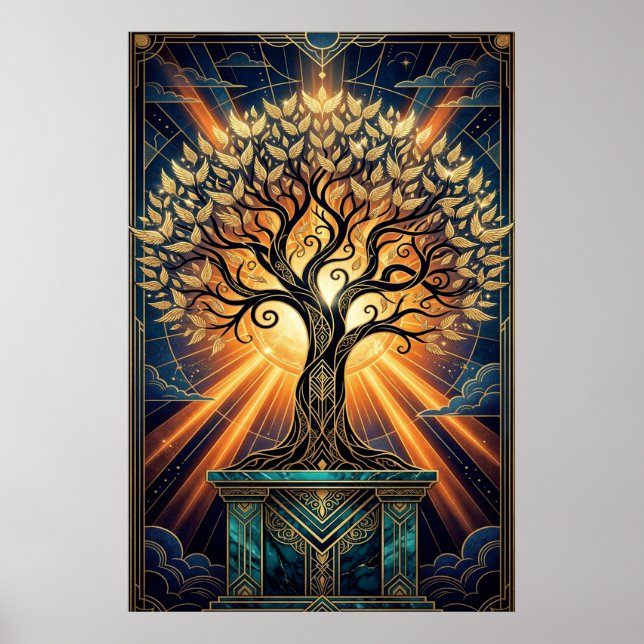 Art Deco Engelhaft Federbaum Gold & Mitternachtspo Poster (Vorne)