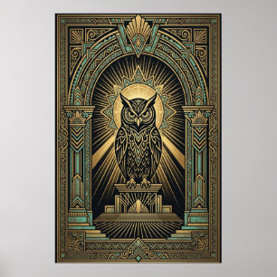Art Deco Eulen-Weisheitsposter   Gold & Türkis Geo Poster
