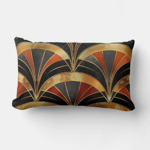 Art Deco Fächer-Motiv Schwarz, Gold & Tiefrot Lendenkissen