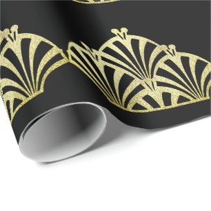 Art Deco Fächer Muster schwarz Gold elegant vintag Geschenkpapier
