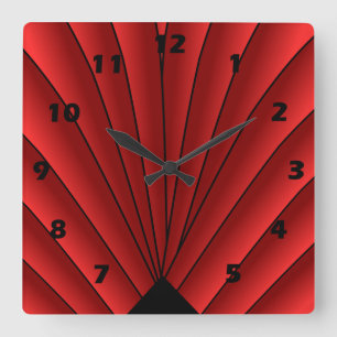 Art Deco Fan Design Red Square Wall Clock Quadratische Wanduhr