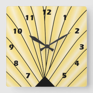 Art Deco Fan Design Yellow Square Wall Clock Quadratische Wanduhr