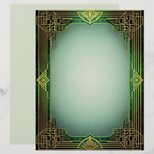 Art Deco Fan Frame on Green Stationery Paper Briefbogen (Vorne/Hinten)