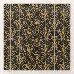 Art Deco Fan: Geometrisches, gelbes Schwarz Glasuntersetzer