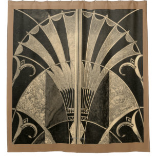 ART DECO FAN INLAID WOODWORK SHOWER CURTAIN DUSCHVORHANG