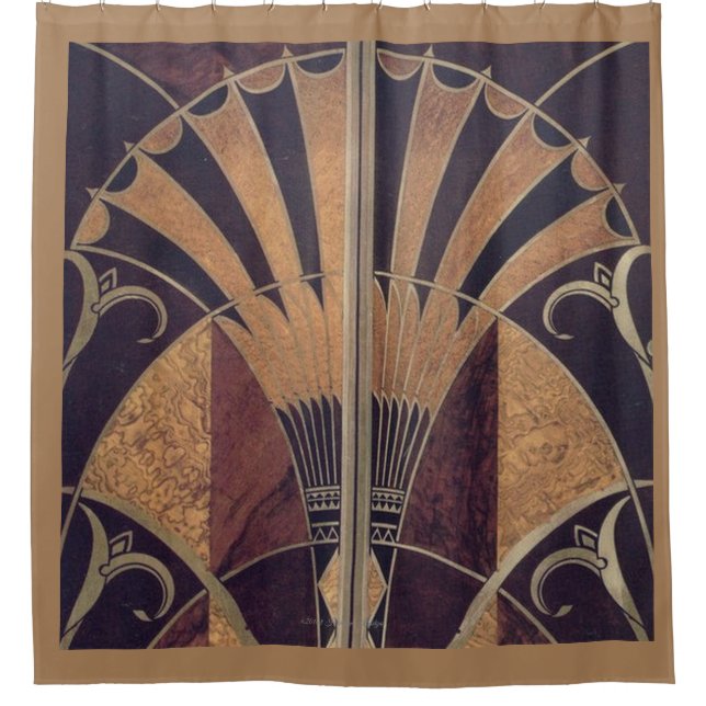 ART DECO FAN INLAID WOODWORK SHOWER CURTAIN DUSCHVORHANG (Vorderseite)